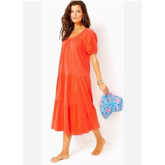 Lilly Pulitzer Zemini Maxi Dress Coverup Large Flamingo Feather Crnkl Gauze - Picture 1 of 11